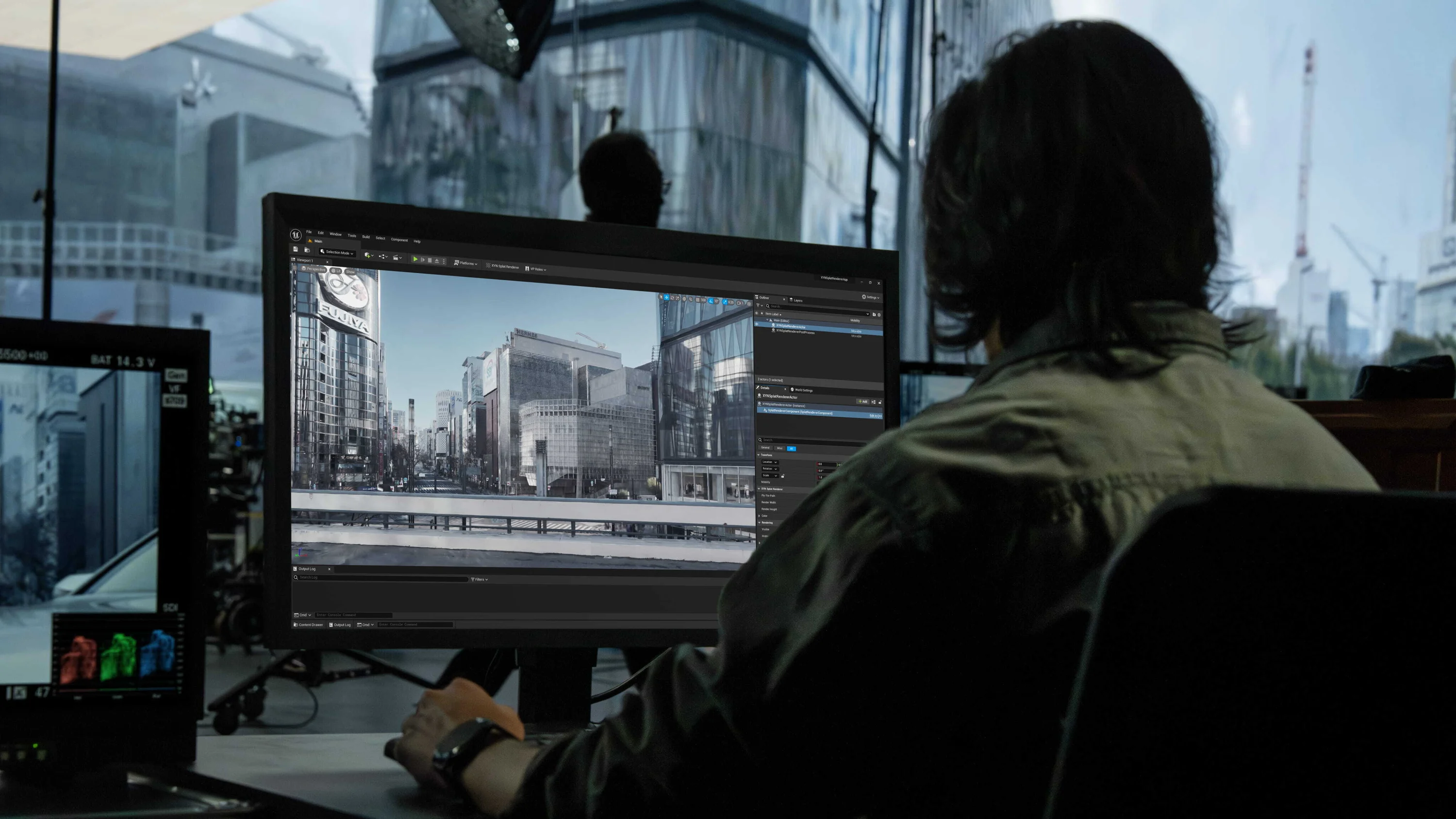 Person at workstation viewing a monitor with a 3D city scene and UI panels